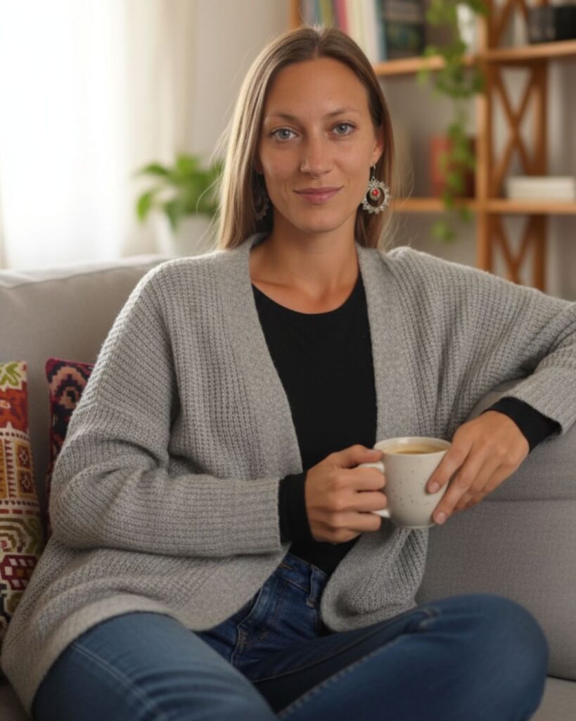 woman sitting on a sofa in a cozy casual clothes holding a cup of tea