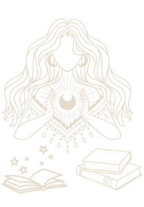 drawing of a woman with long hair holding a moon surrounded by books and stars