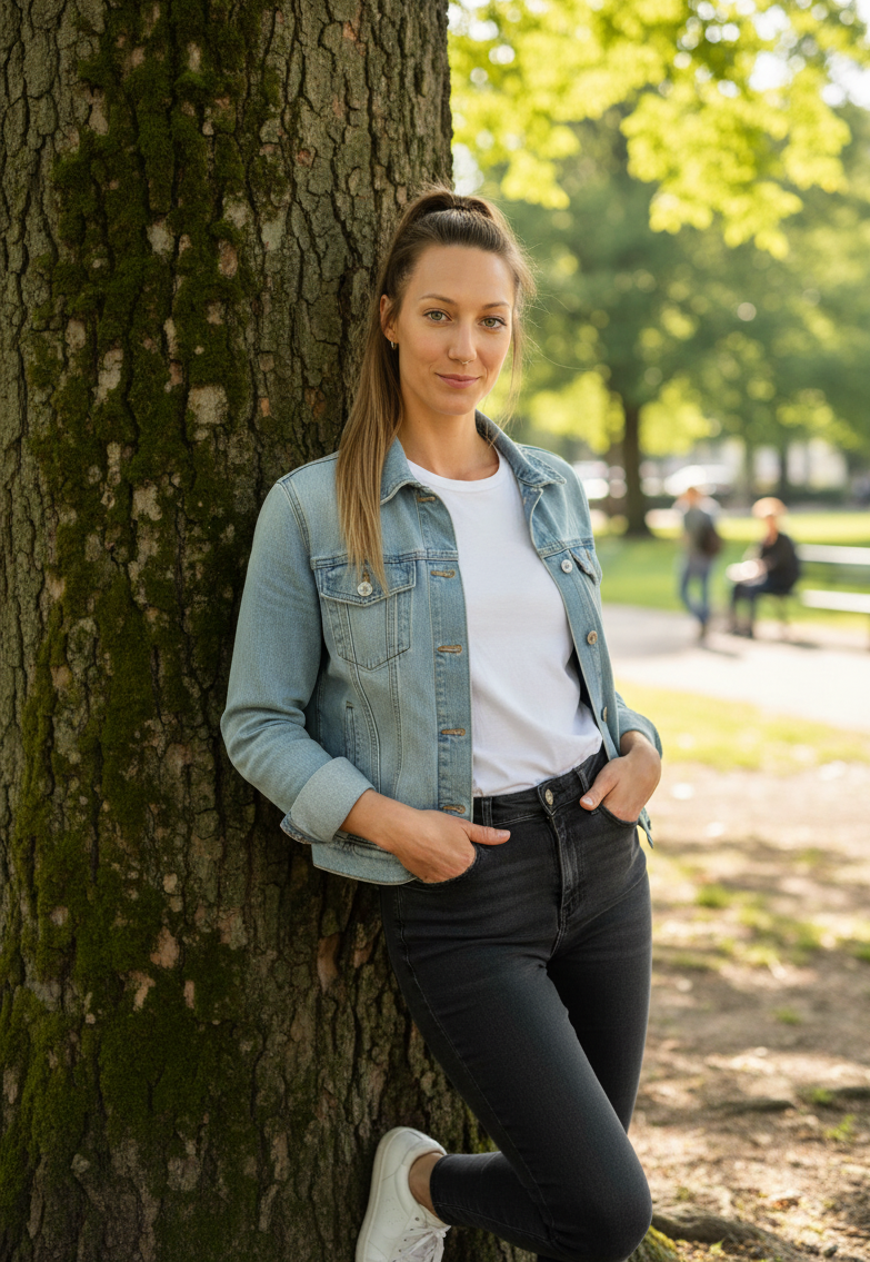 woman in a denim jacket standing next to a tree