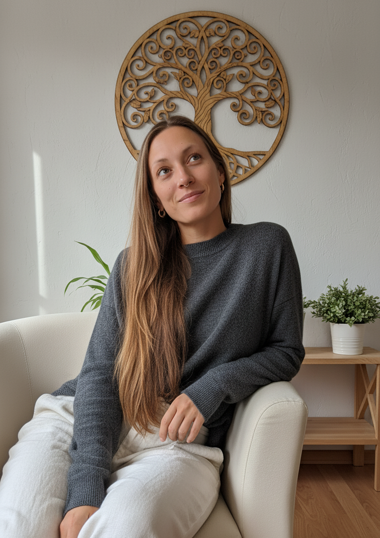 woman sitting in an armchair with a dreamy expression